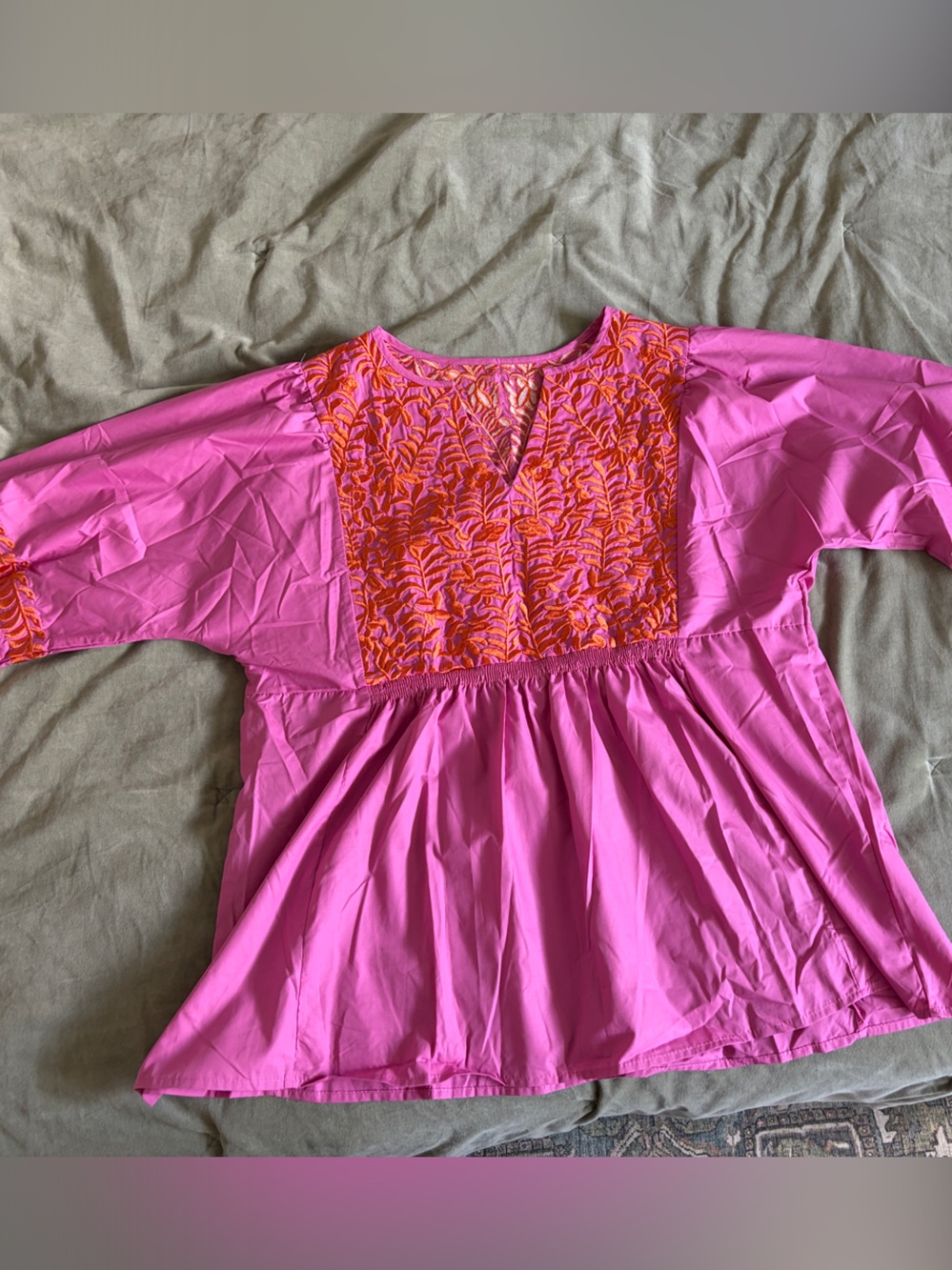 Bright Pink Peasant Top with Orange Embroidery